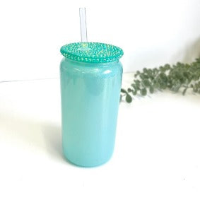 Shimmer 16oz Glass Beer Can / Libbey Cup - Teal Gemstone for sublimation or vinyl